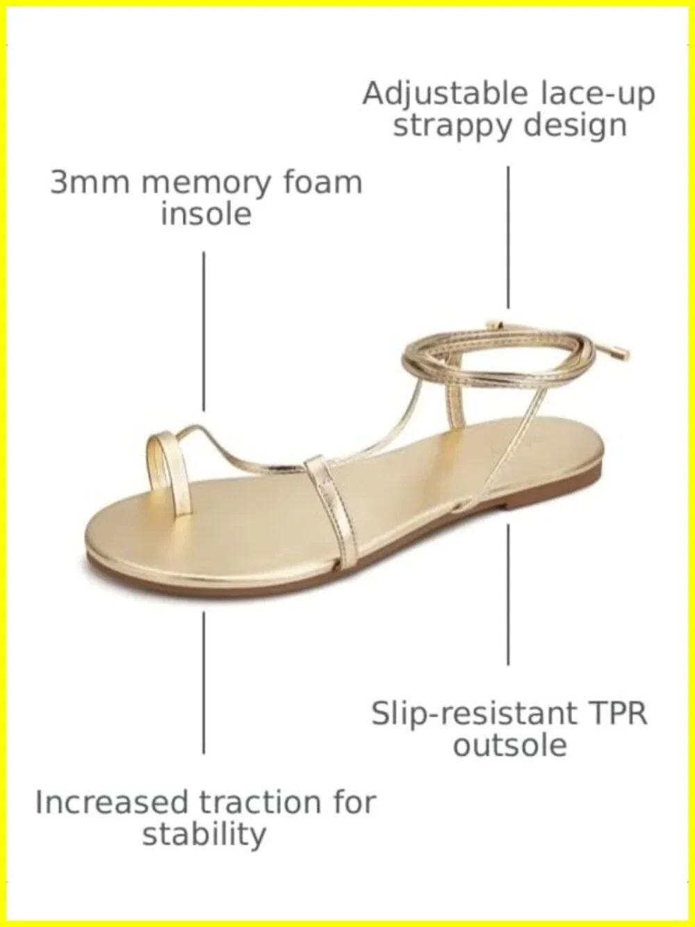 Strappy Lace Up Flat Sandals with Memory Foam Insole - Women's